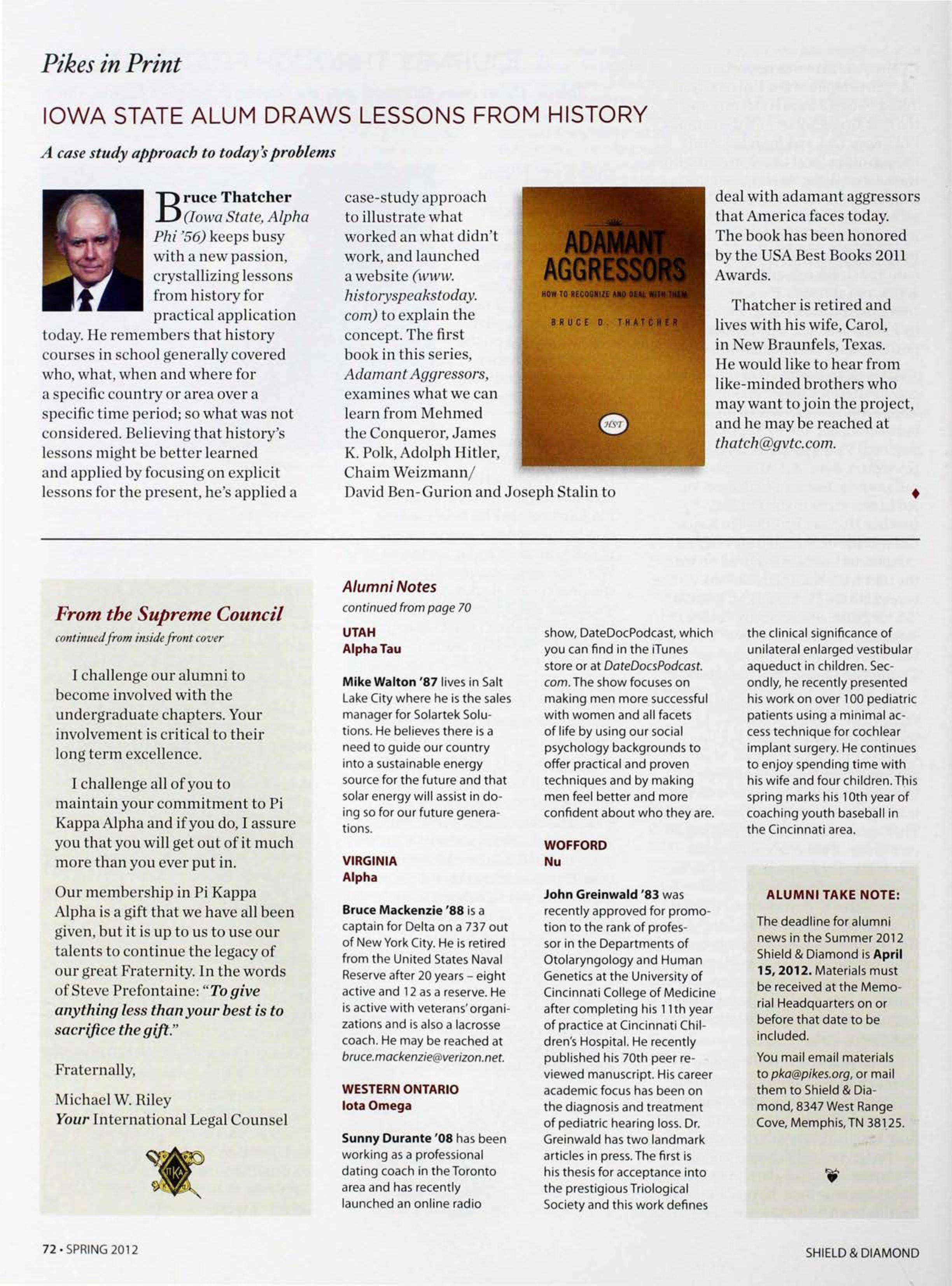 Pikes In Print: Iowa State Alum Draws Lessons From History, Spring 2012